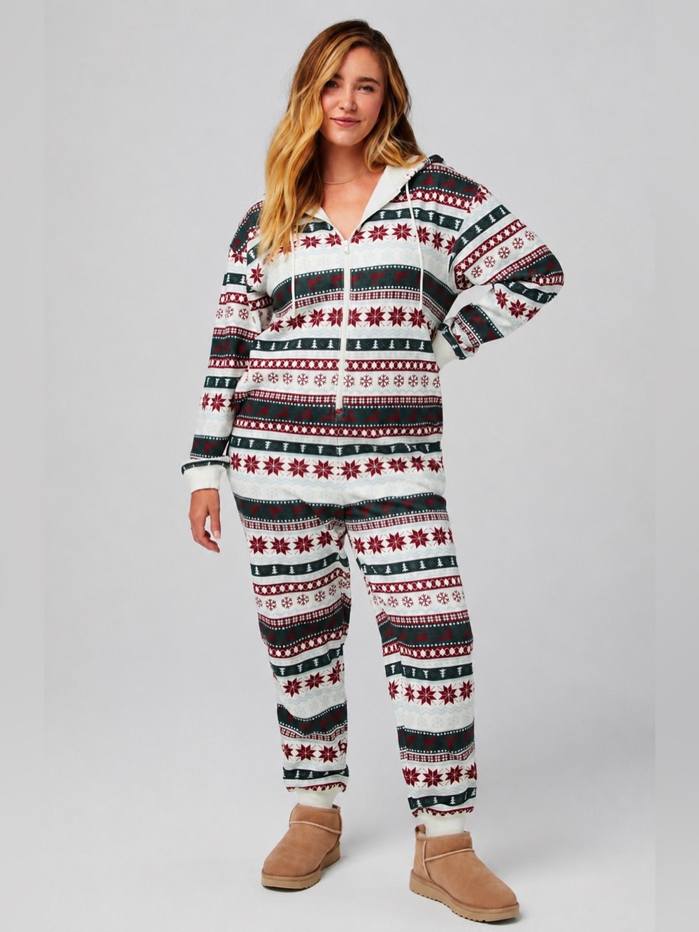 Fabletics Holiday Fair Isle Onesie — Red, Green & Cream